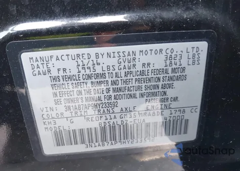 2017 Nissan Sentra Sv from USA, damaged, VIN 3N1AB7AP9HY233592